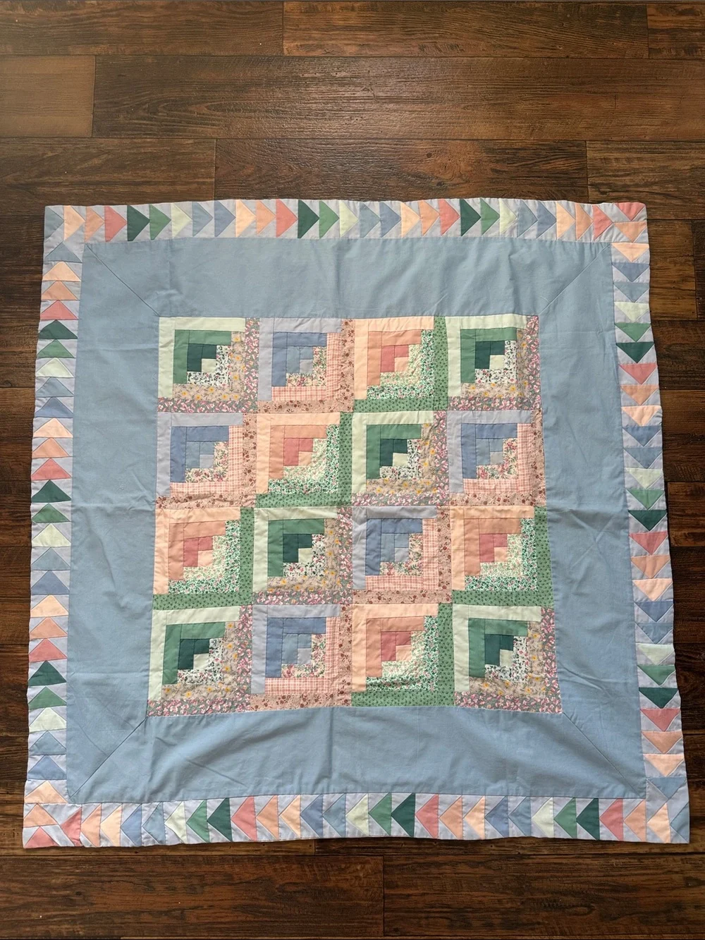 Pastel Log Cabin Quilted Throw - Blue, Pink & Green